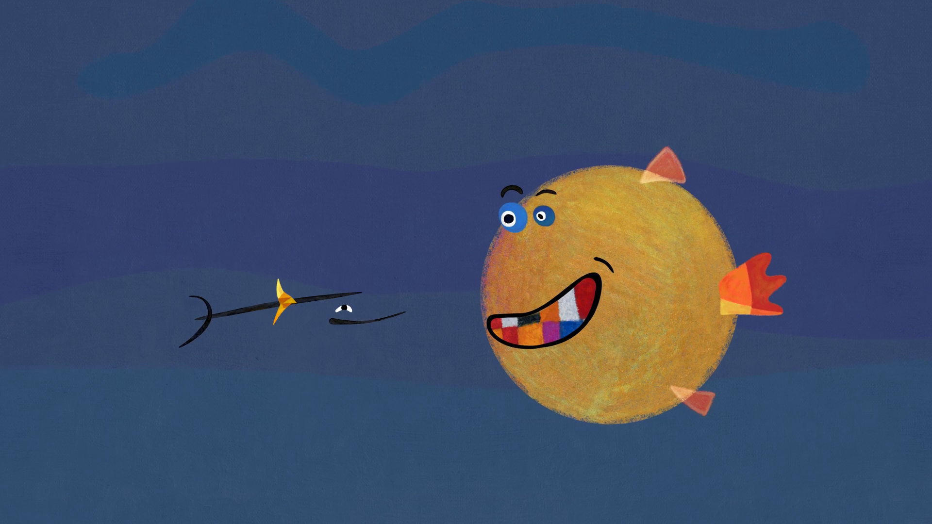 A cartoon of two sea creatures interacting with one another