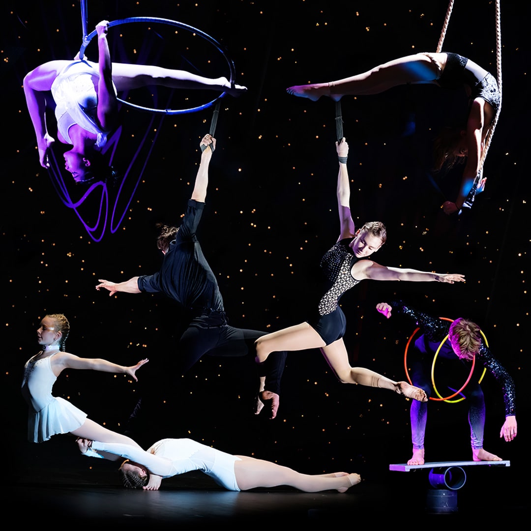 Flip In Fly - a group of circus performers on a starry night background doing tricks for Circus in the Square