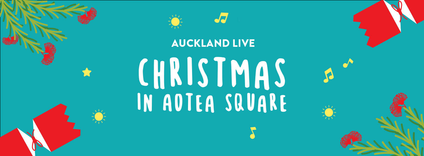 Christmas cracker being opened with "Christmas in Aotea Square" text coming out in front of a cyan backdrop
