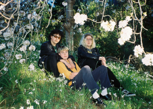 Three young indie musicians in a flowery garden.