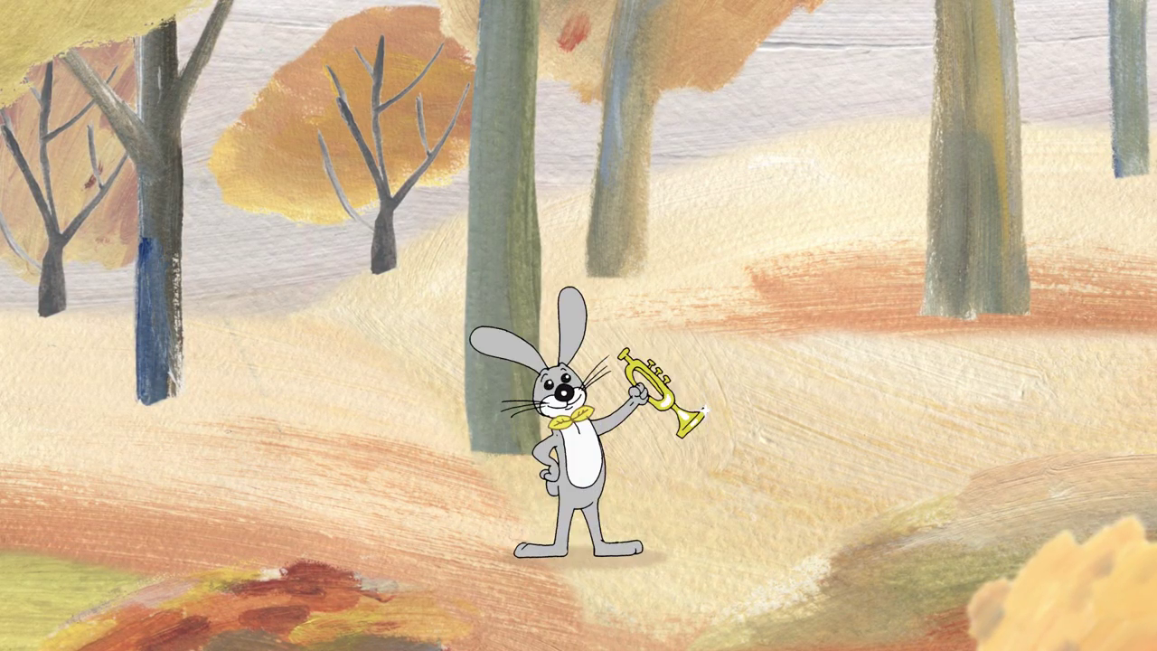 A cartoon rabbit standing in the woods holding a musical instrument