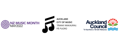 A logoline composed of a NZ Music Month Logo, a Auckland City of Music, Tamaki Makaurau Pa Puoro logo anda Auckland Council Logo. 