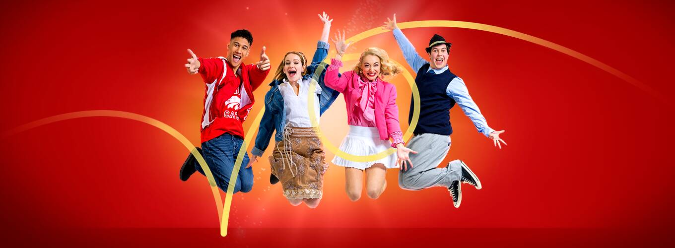 Cast of NYT's High School Musical in the air striking a pose like the film poster