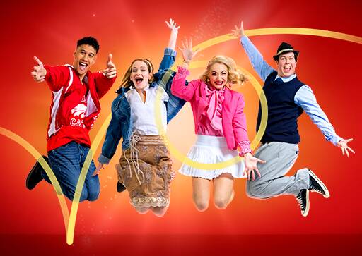 Cast of NYT's High School Musical in the air striking a pose like the film poster