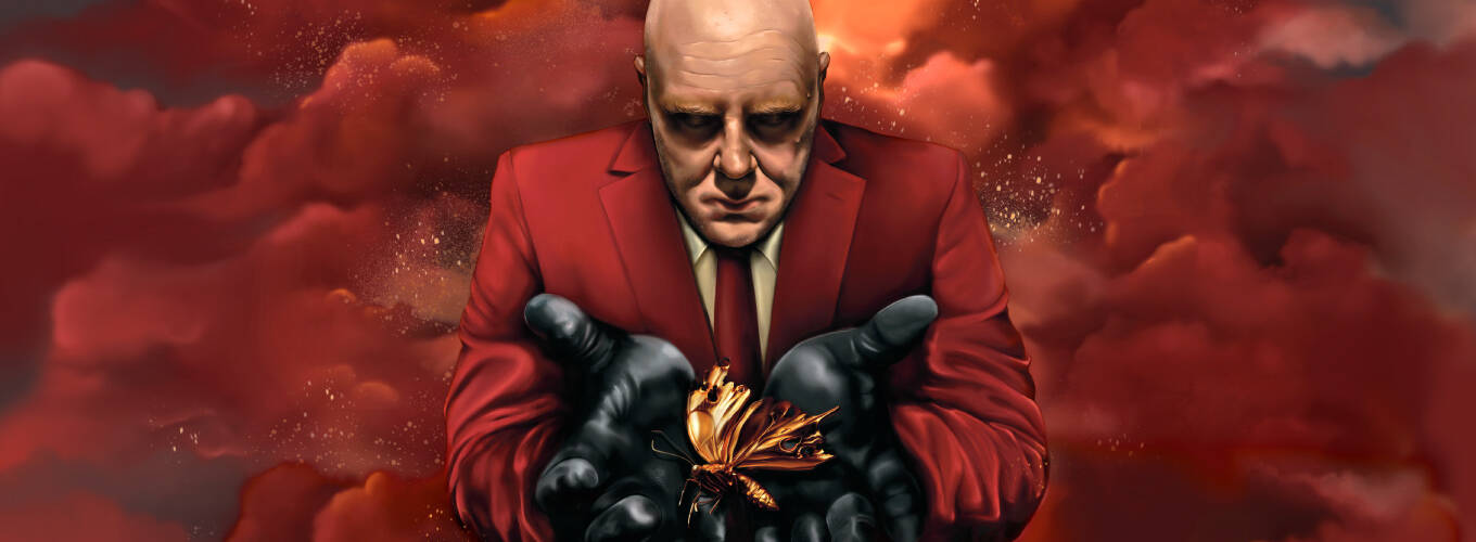 Bald man in a red suit holding a golden mosquito