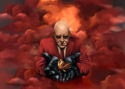 Bald man in a red suit holding a golden mosquito