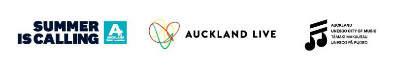 summer is calling logo, auckland live logo, and auckland unesco city of music logo