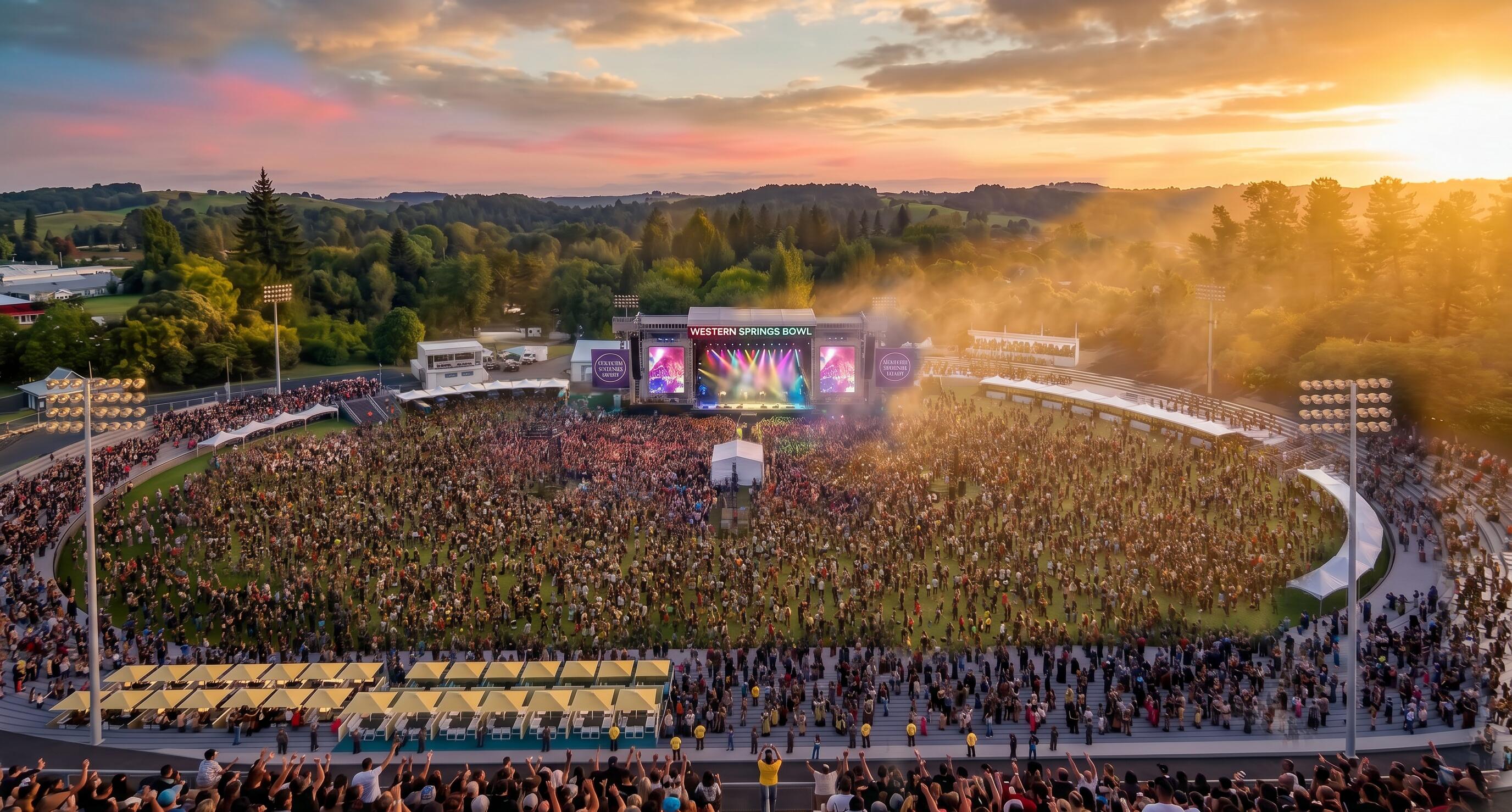 An artistic render of what the Western Springs Bowl may look like in concert mode, with a crowded concert bowl and large stage playing music