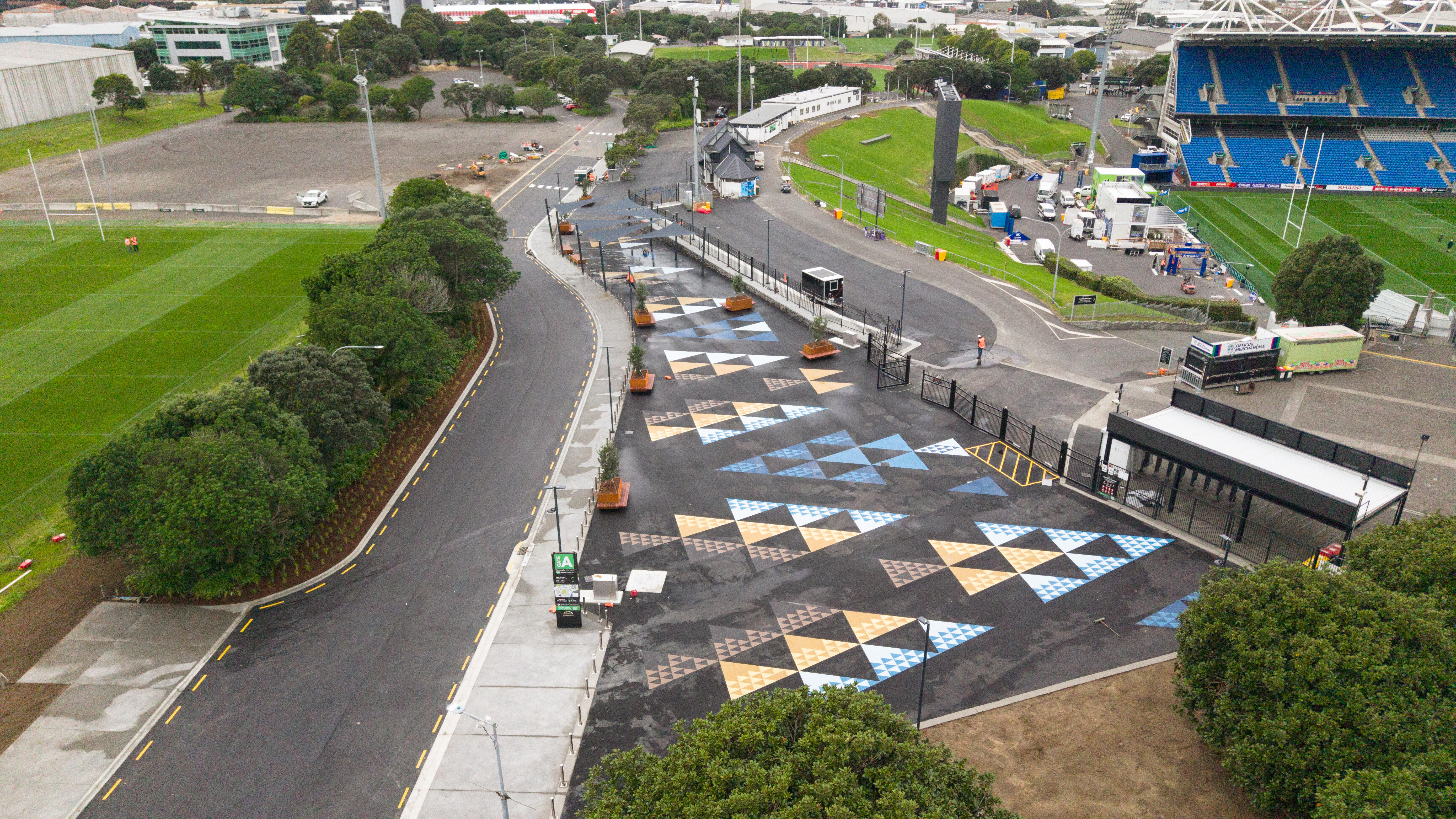 The project area of Gate A at Go Media Stadium renovated to show new welcoming plaza and colourful maori designs