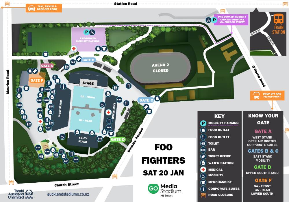 A venue map for ticketholders of the Foo Fighters concert at Go Media Stadium Mt Smart
