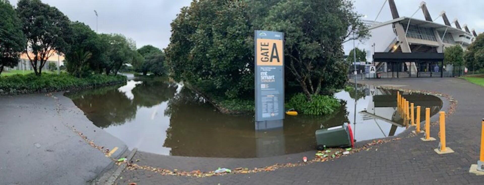 Flooding shown at Gate A at Go Media Stadium near the garden beds